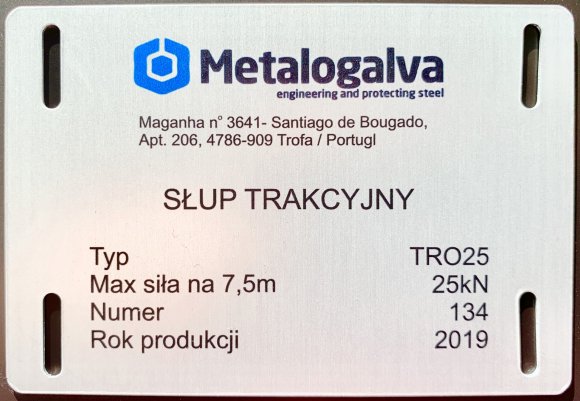 TGZ08 Tabliczka aluminiowa na słupy trakcyjne z otworami pod opaski